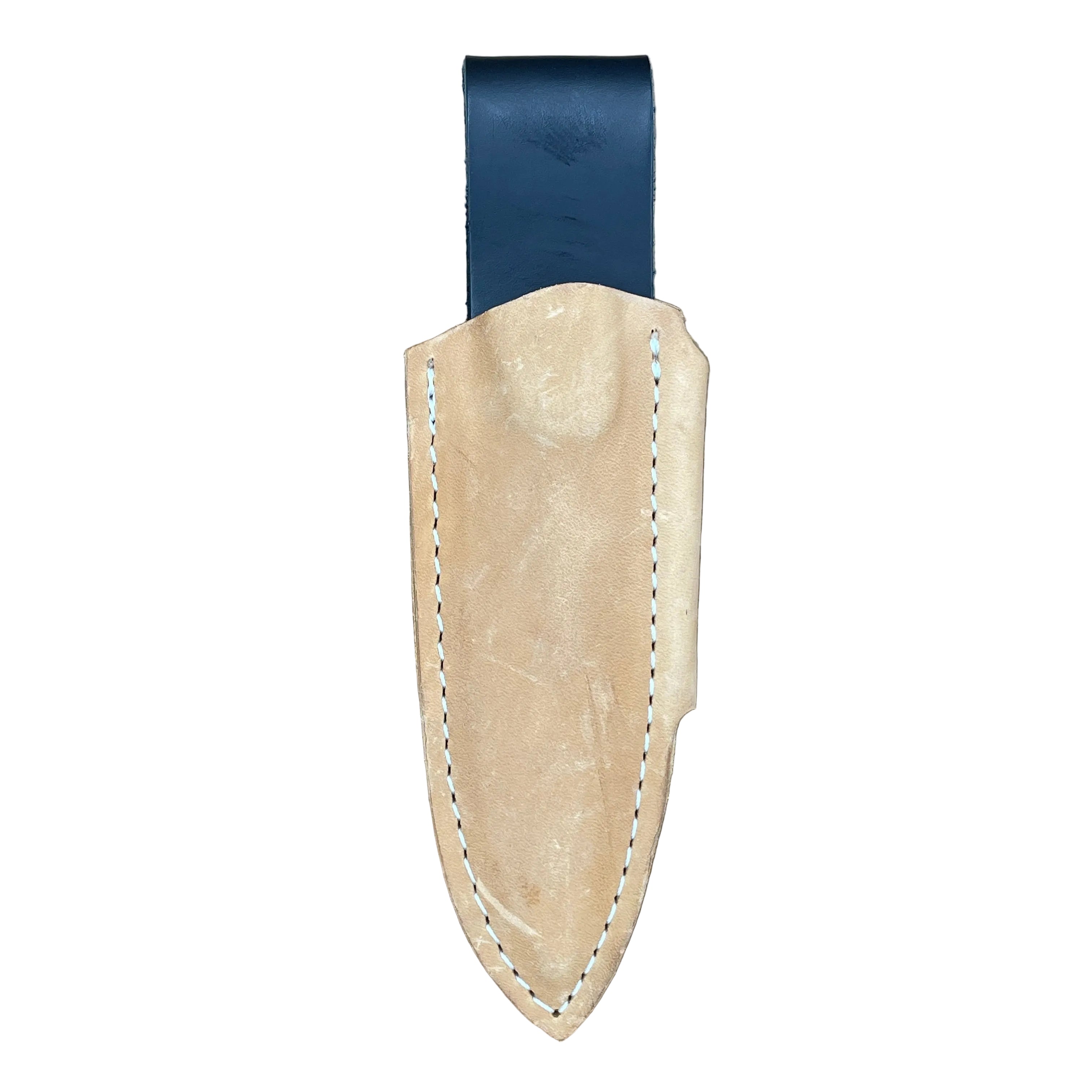 A light oiled tan leather with a black drop down loop for vertical carry of a knife.