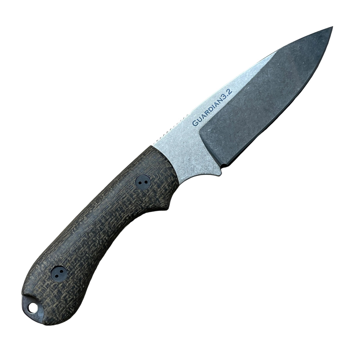 A Bradford Guardian 3.2 fixed blade for everyday carry.  Stonewashed steel blade with an OD Green Micarta scale.