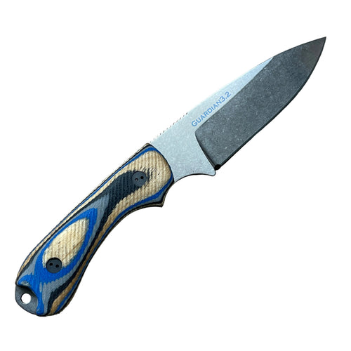 A Bradford Guardian 3.2 fixed blade with a stonewash steel finish and Blue G-Wood scale.