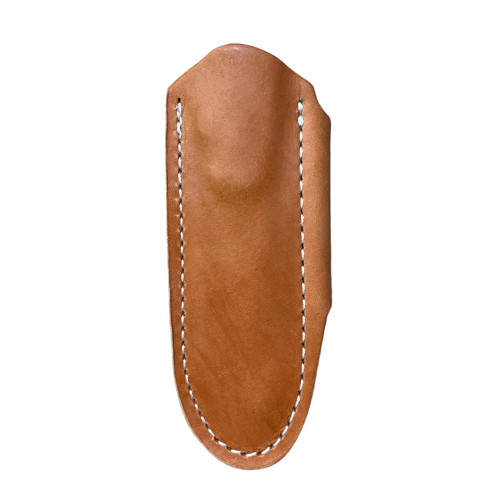 A tan leather sheath with white stitching designed to carry a compact fixed blade knife horizontally on a belt. 