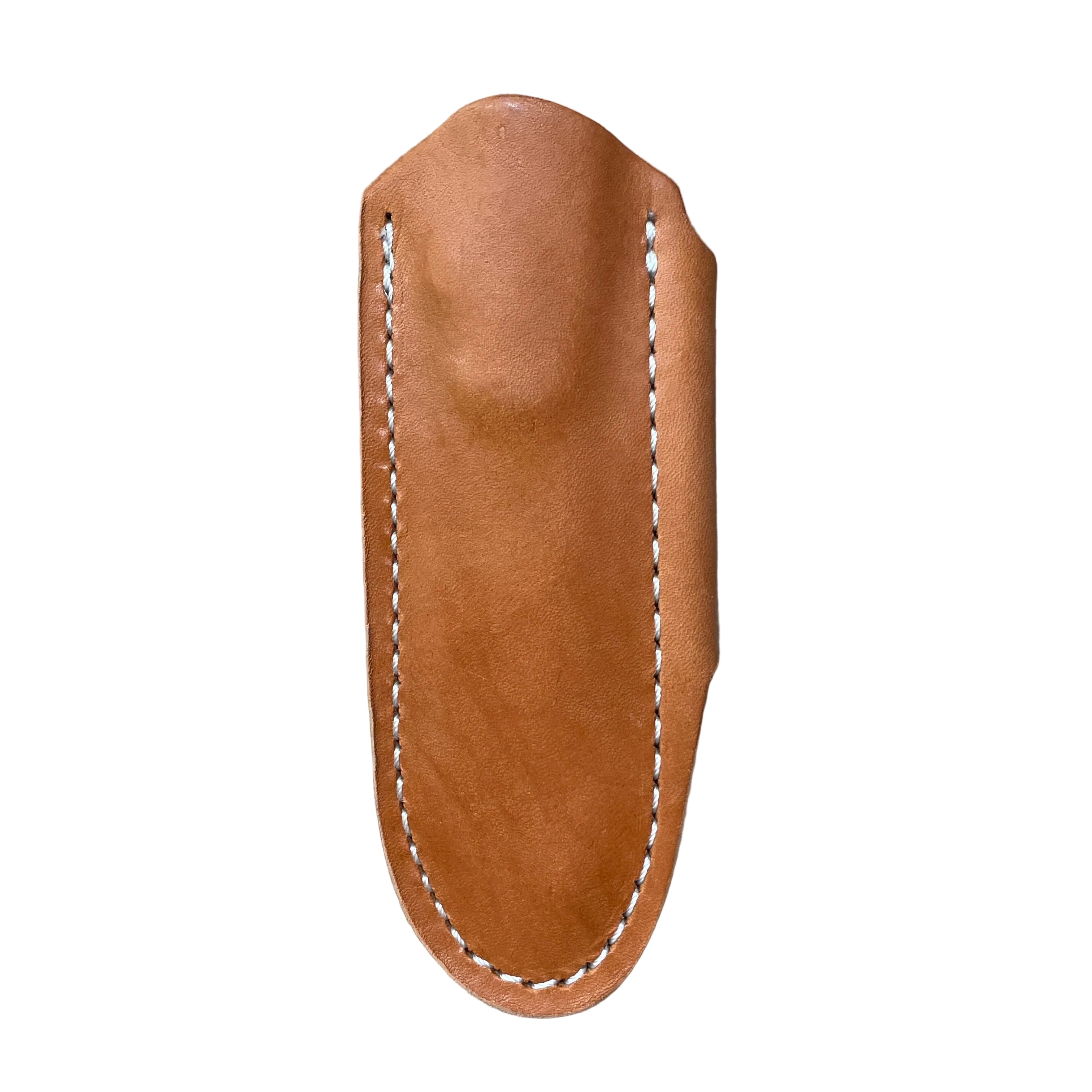 A tan leather sheath with white stitching designed to carry a compact fixed blade knife horizontally on a belt. 