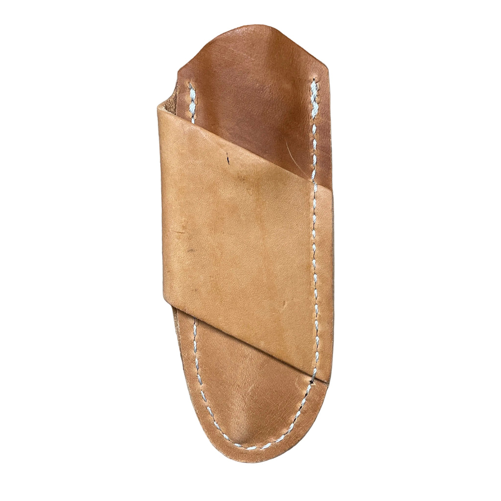 A tan leather sheath designed to carry a compact fixed blade knife horizontally on a belt.