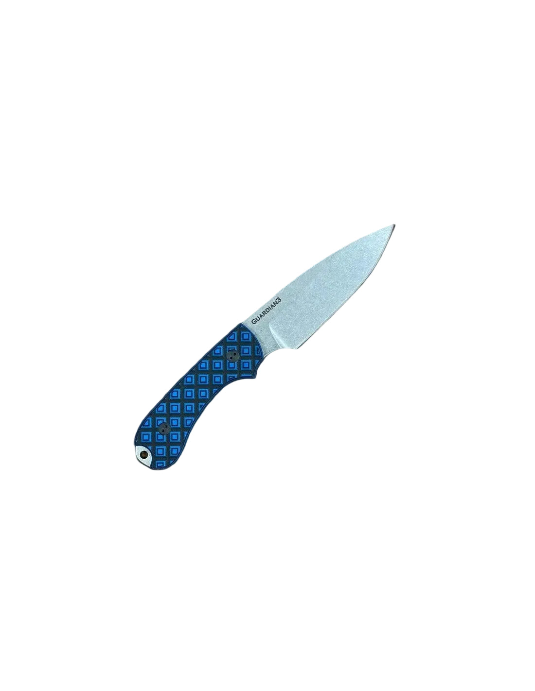 A pocket knife with a silver steel blade and a blue patterned handle, displayed diagonally on a square brown wood-grain background.